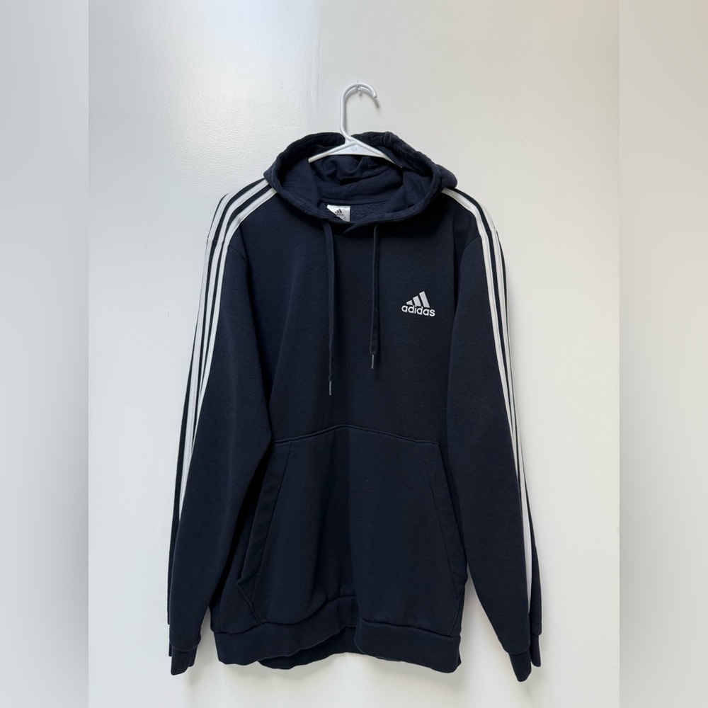 Adidas Men's Dark Blue Hoodie with White Stripes